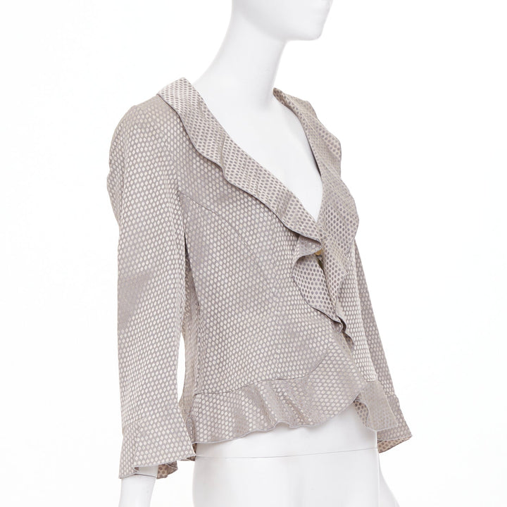 GIORGIO ARMANI grey honeycomb woven linen blend ruffle cropped jacket IT46 L