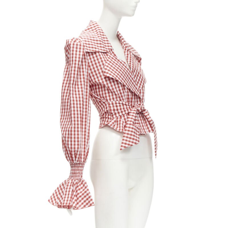 BALMAIN red white gingham cotton tie belt bishop sleeves cottage top FR34 XS