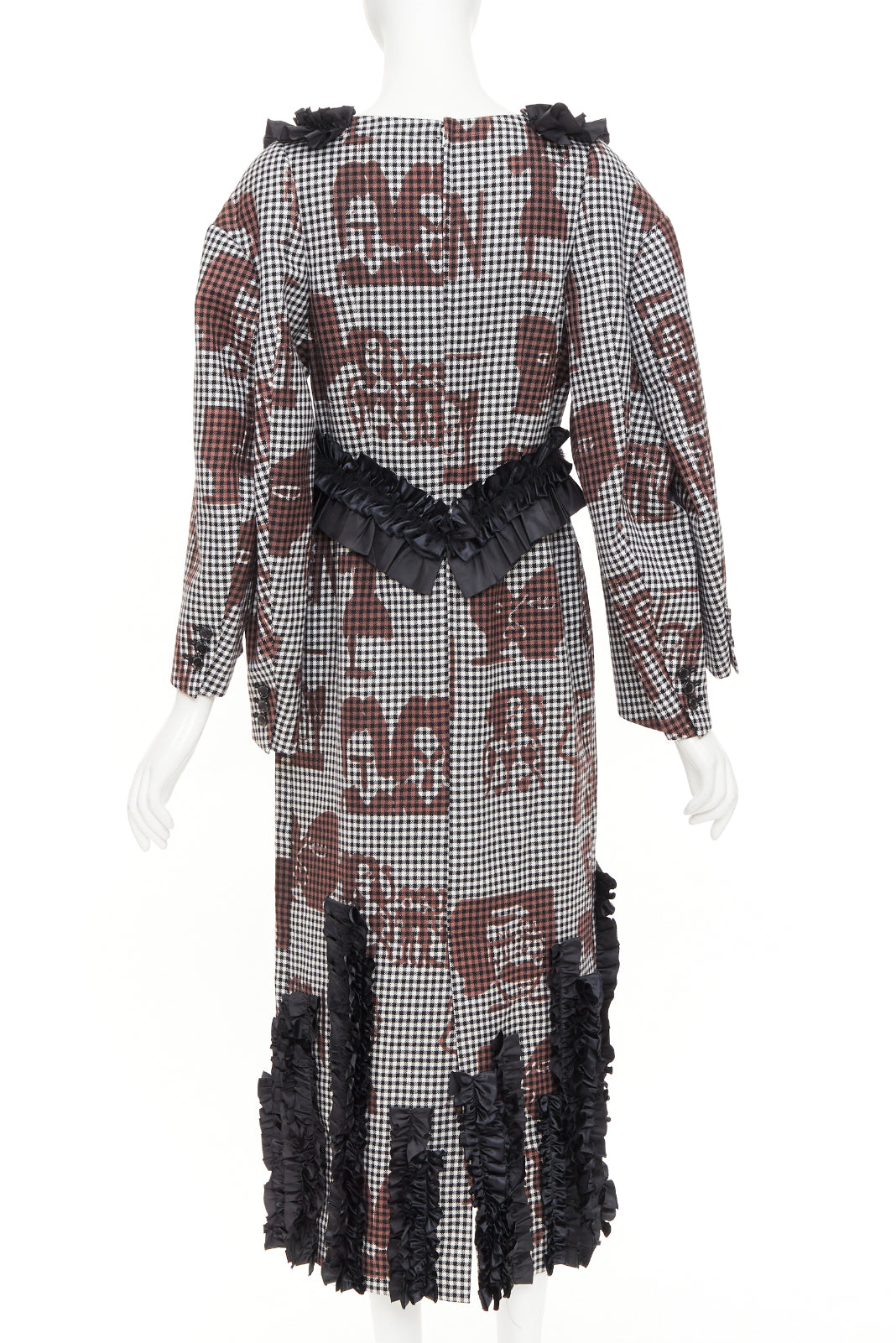 COMME DES GARCONS 2019 brown black wool gingham multi sleeve ruffle midi dress S