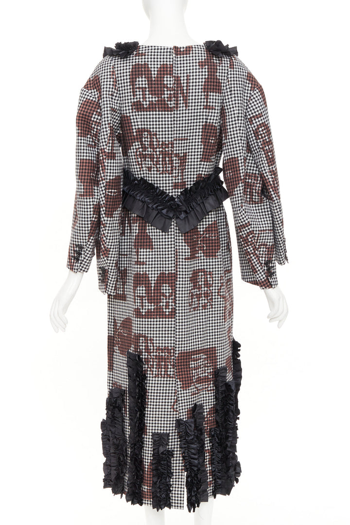 COMME DES GARCONS 2019 brown black wool gingham multi sleeve ruffle midi dress S