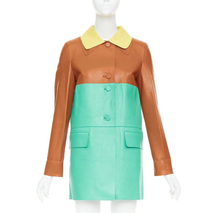 MARNI SS2015 yellow tan turquoise colorblocked lambskin leather coat IT38 XS