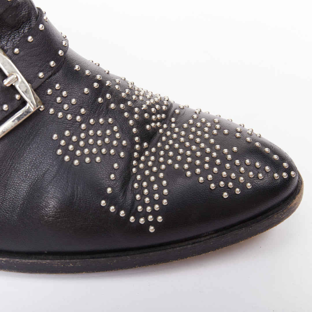 CHLOE Susanna black leather silver studded buckles rock grunge boots EU39