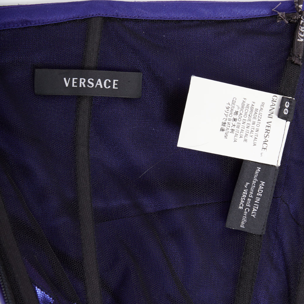 VERSACE 2010 Runway blue metallic silk leather corseted dress IT38 XS Katy Perry