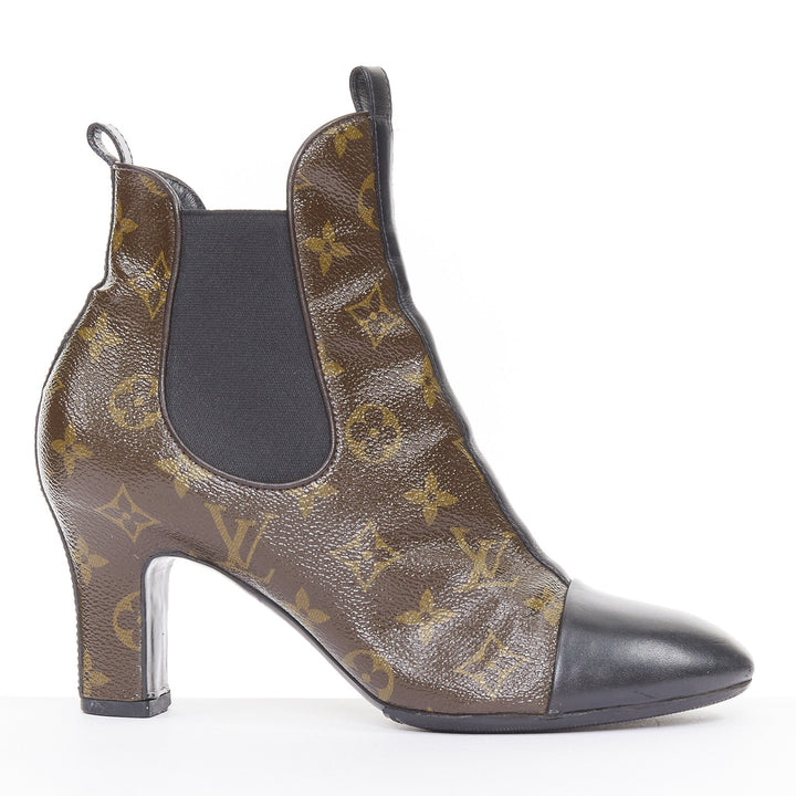 LOUIS VUITTON 2016 Revival monogram canvas patent cap toe Chelsea boots EU38 US8