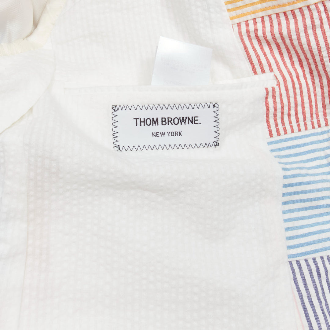 THOM BROWNE colourful stripes patchwork seersucker 2 button blazer jacket Sz 2 M