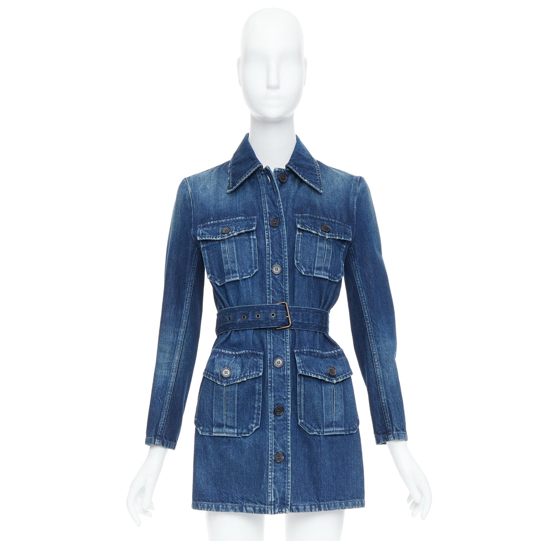 SAINT LAURENT Saharienne blue indigo washed denim belted safari shirt dress