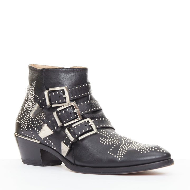CHLOE Susanna black leather silver floral studded buckle grunge boots EU39.5