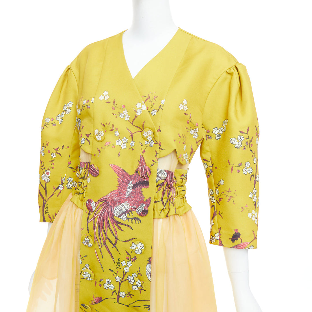 TOTON INDONESIA mustard yellow silk blend bird floral overcoat FR34 XS