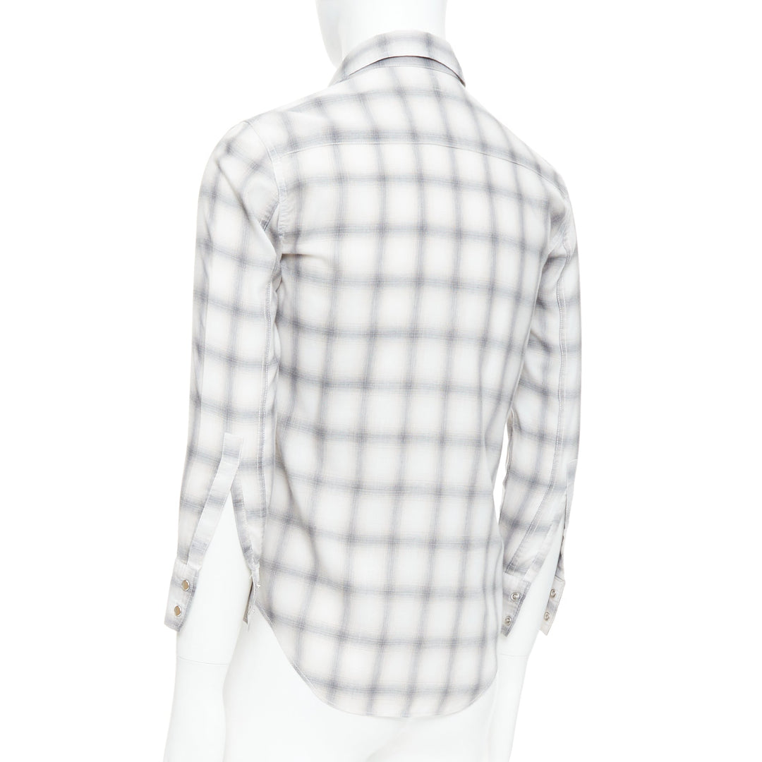 SAINT LAURENT 2016 grey cream checked resin snap buttons shirt M