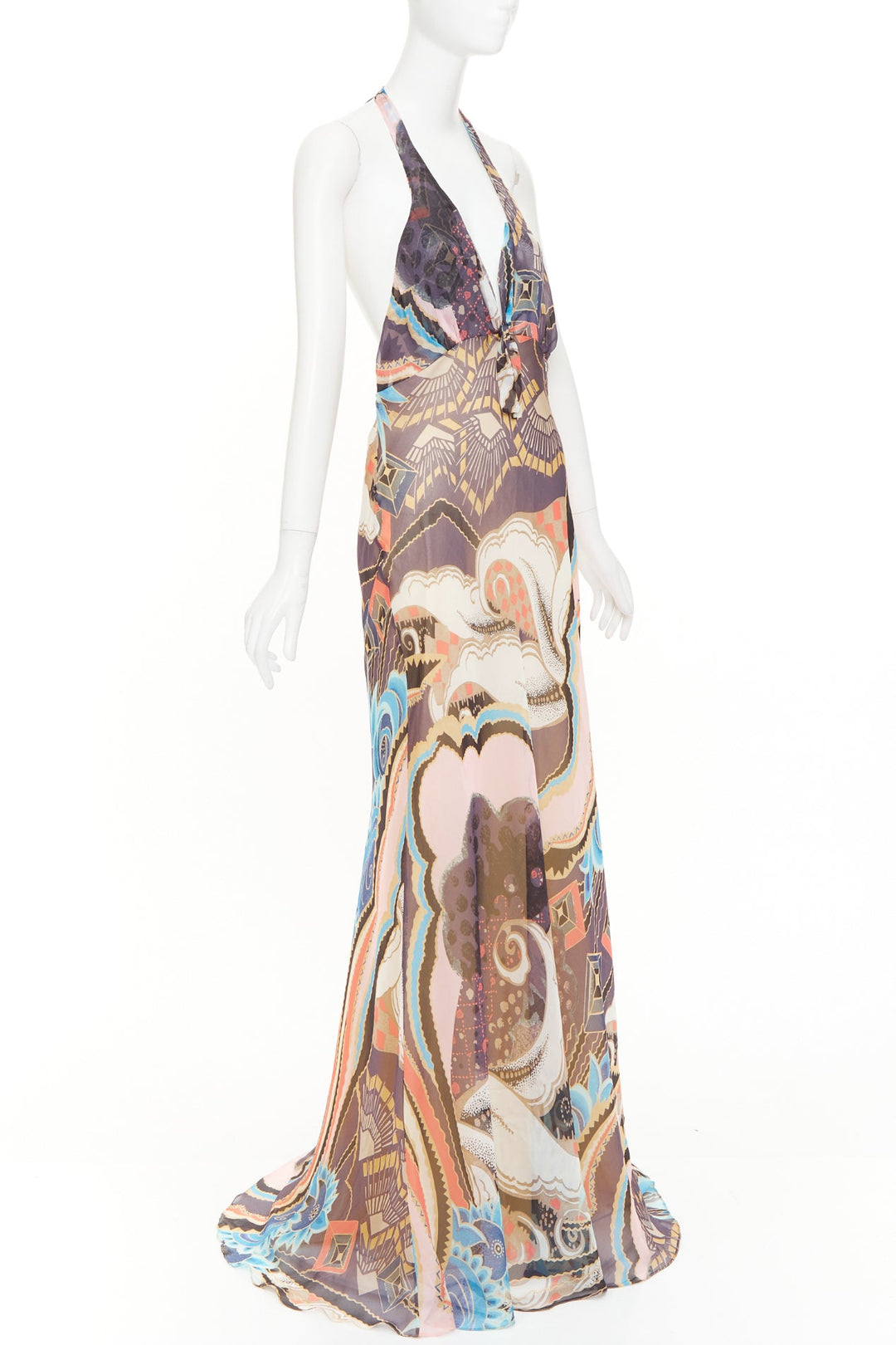 CHRISTIAN LACROIX Vintage abstract paisley print silk halter dress FR46 3XL