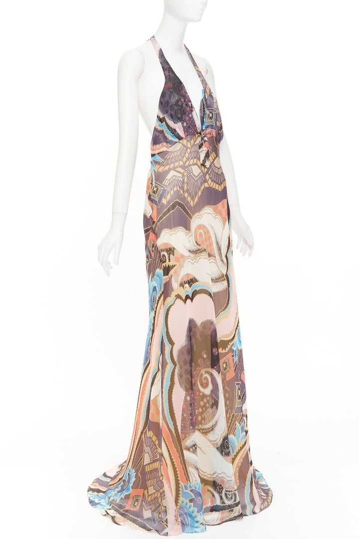 CHRISTIAN LACROIX Vintage abstract paisley print silk halter dress FR46 3XL