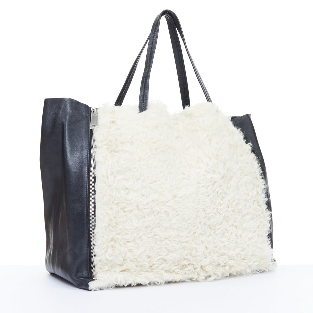 CELINE 2011 Vertical Gusset Cabas cream shearling black leather zip tote bag