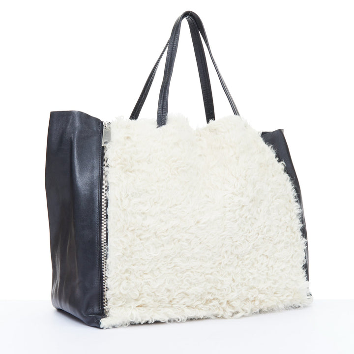 CELINE 2011 Vertical Gusset Cabas cream shearling black leather zip tote bag