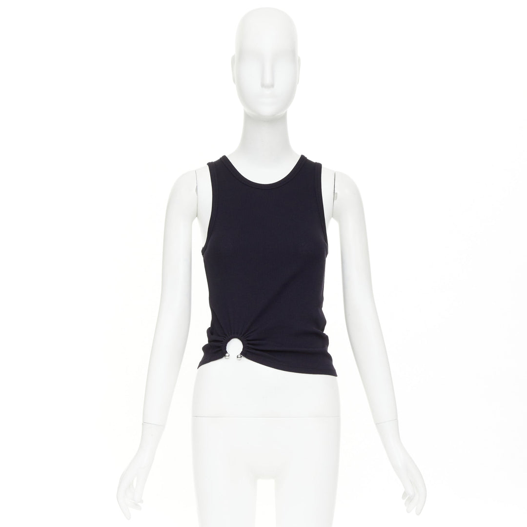 PACO RABANNE black silver piercing ring detail gathered ribbed tank top IT38 XS