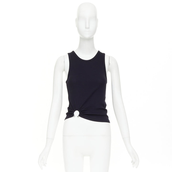 PACO RABANNE black silver piercing ring detail gathered ribbed tank top IT38 XS
