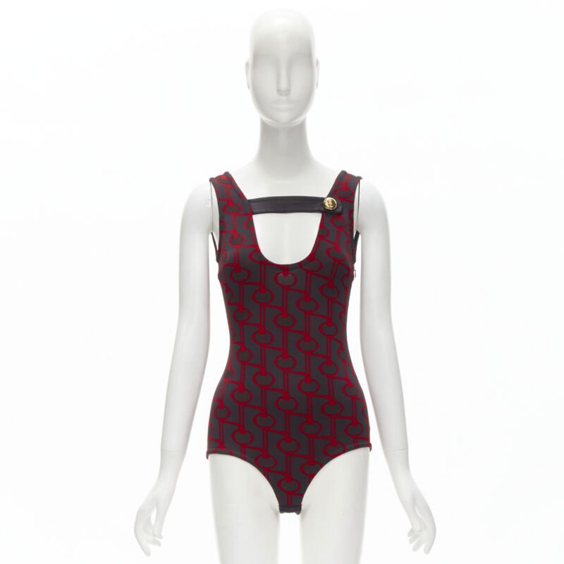 PRADA 2019 black red geometric knit button strap bodysuit top S