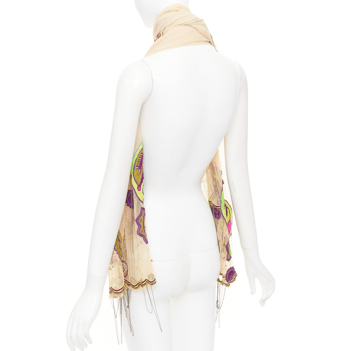 ETRO nude mesh green purple embroidered embellished beaded chain scarf