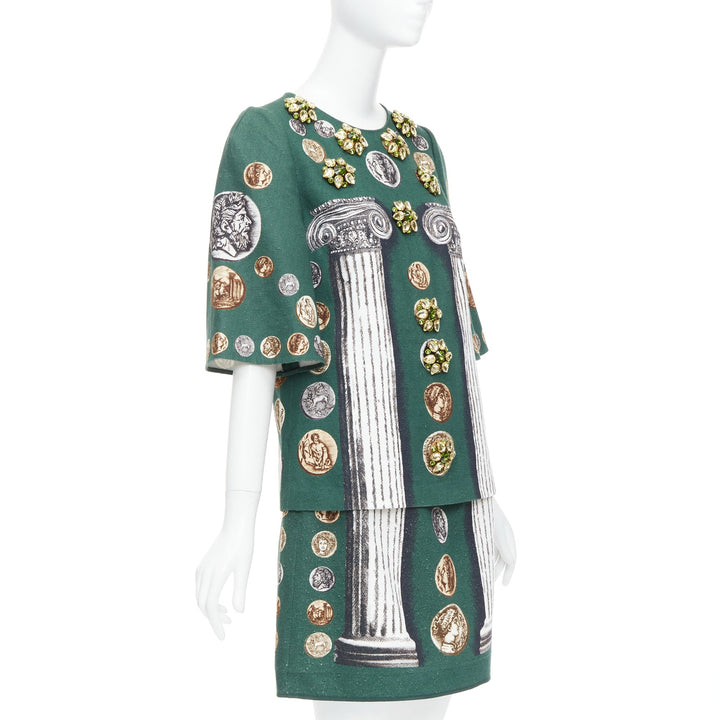 DOLCE GABBANA 2014 Runway green roman coin column bejeweled skirt set IT38 XS