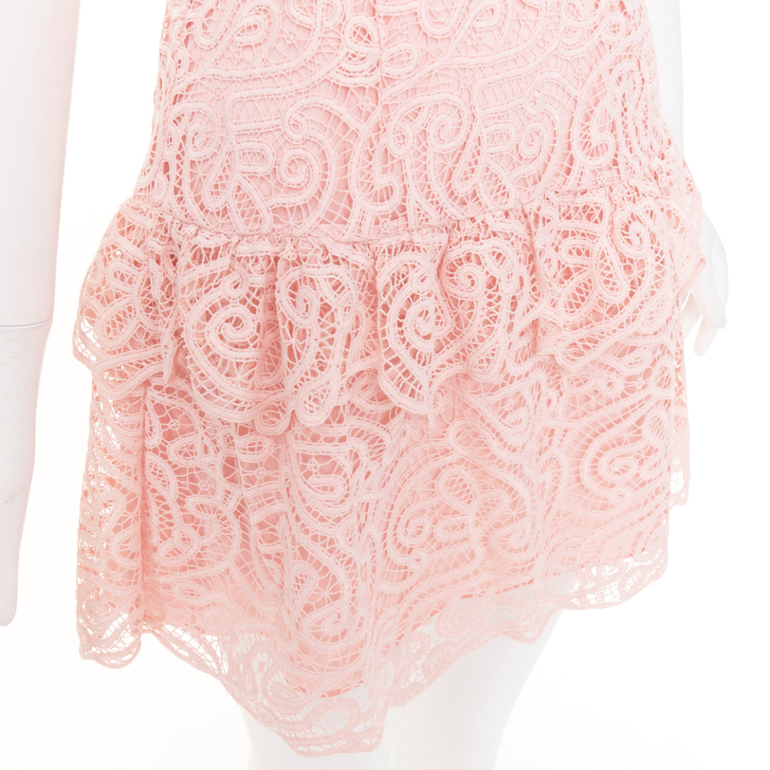 SELF PORTRAIT 2022 Abstract Guipure pink embellished lace sheer dress UK8 S