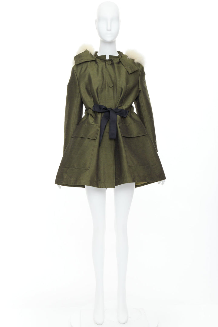 DIOR military green pocketed cream fur hood belted anorak coat FR34 XS