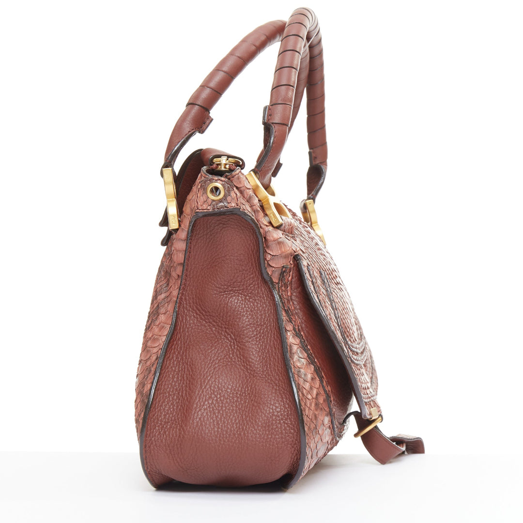 CHLOE Marcie Medium reddish brown snakeskin gold hardware satchel handbag