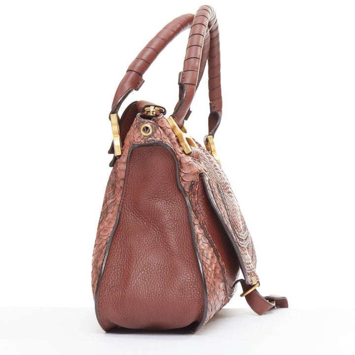 CHLOE Marcie Medium reddish brown snakeskin gold hardware satchel handbag