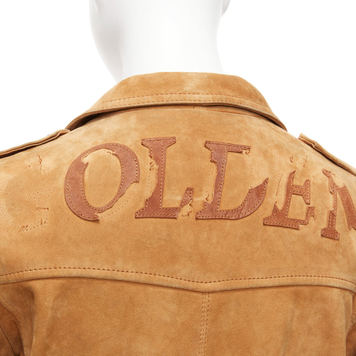 GOLDEN GOOSE tobacco brown distressed suede silver stud logo biker jacket