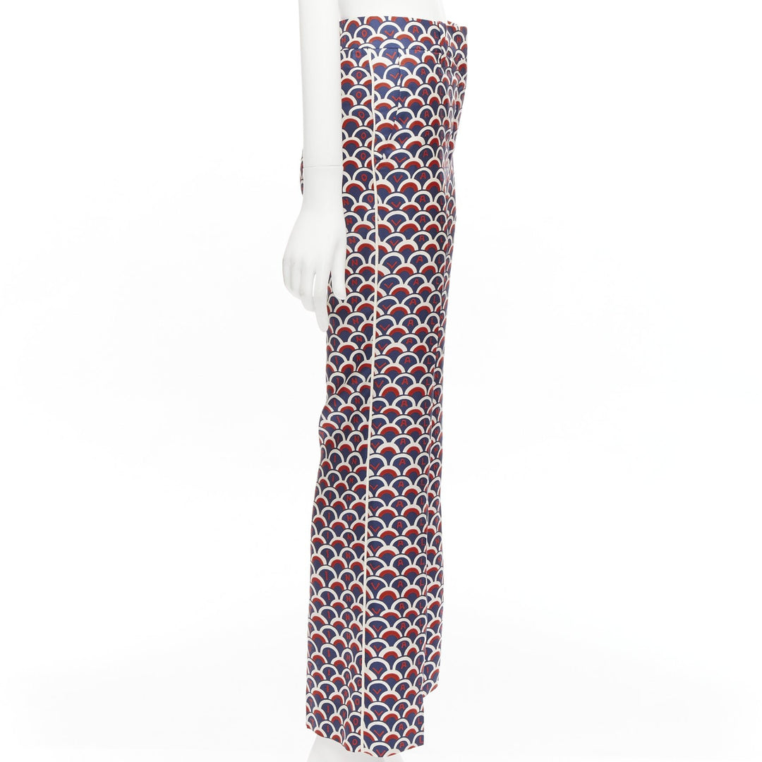 VALENTINO 100% silk  scallop print logo print navy red flared pants IT36 XXS