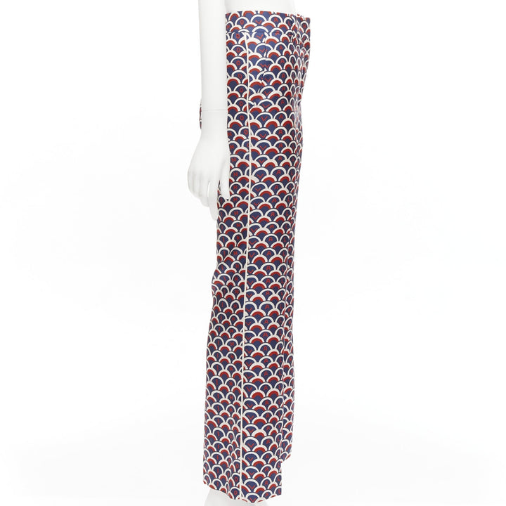 VALENTINO 100% silk  scallop print logo print navy red flared pants IT36 XXS