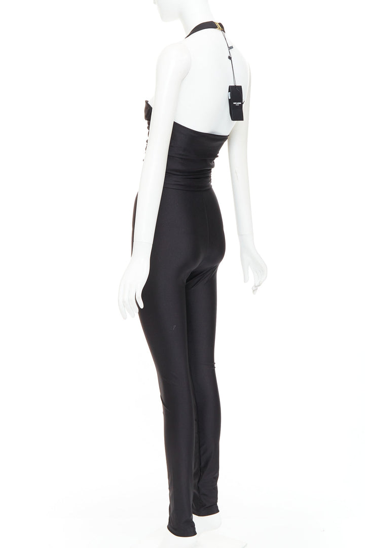 SAINT LAURENT 2022 Runway black halter sweetheart ruched catsuit bodysuit Sz 2 M