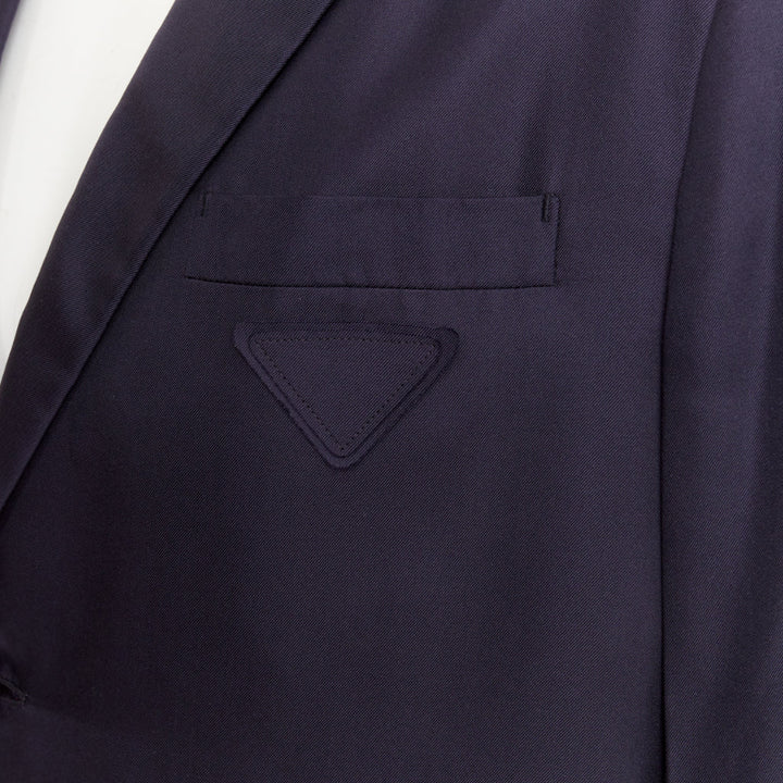 PRADA 2021 100% silk navy tonal triangle patch single breasted blazer IT48 M