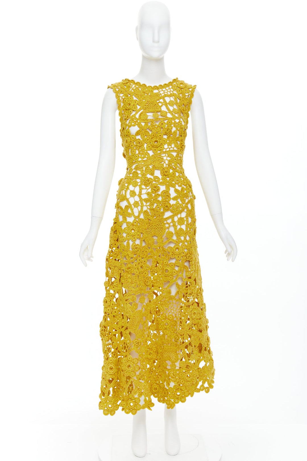 ULLA JOHNSON 2023 Yael yellow openwork guipure lace crochet dress S