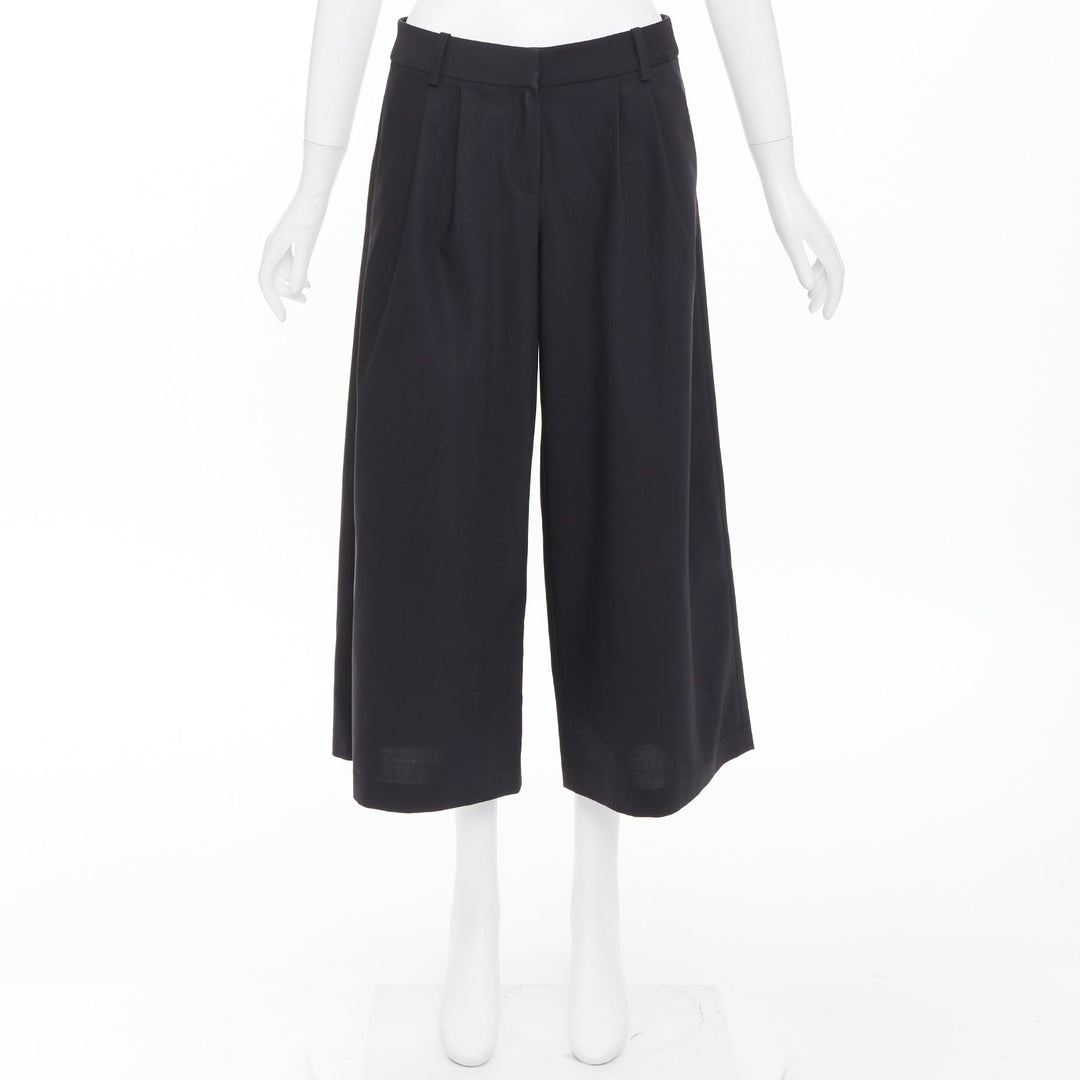TIBI black low sheen fabric pleated front wide cropped trousers culottes US0 XS
