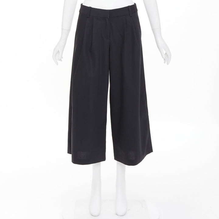 TIBI black low sheen fabric pleated front wide cropped trousers culottes US0 XS