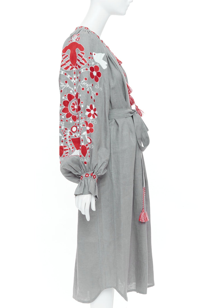 VITA KIN grey linen red folk floral embroidered boho peasant kaftan dress S/D
