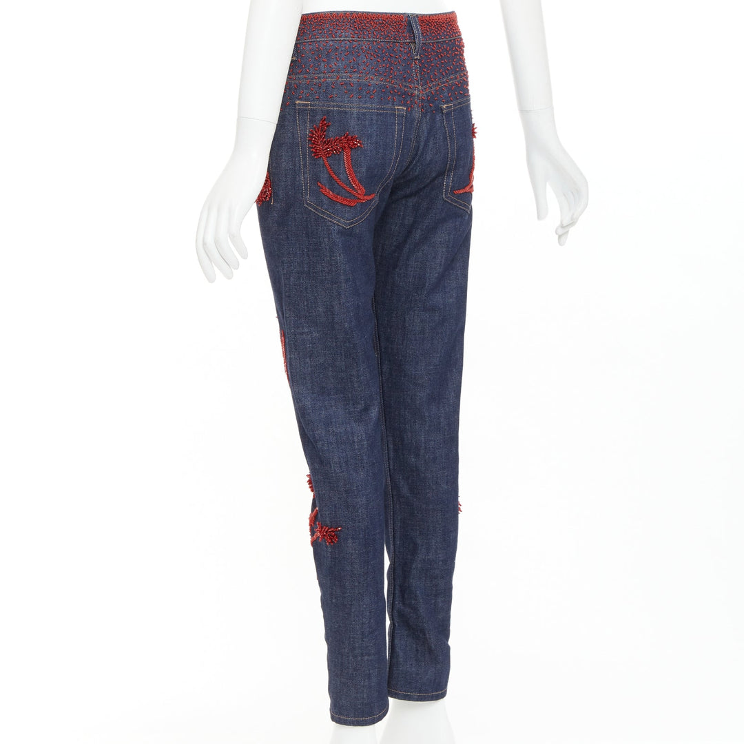 PRADA 2017 Runway red beaded floral embellishment straight leg cropped jeans 25"