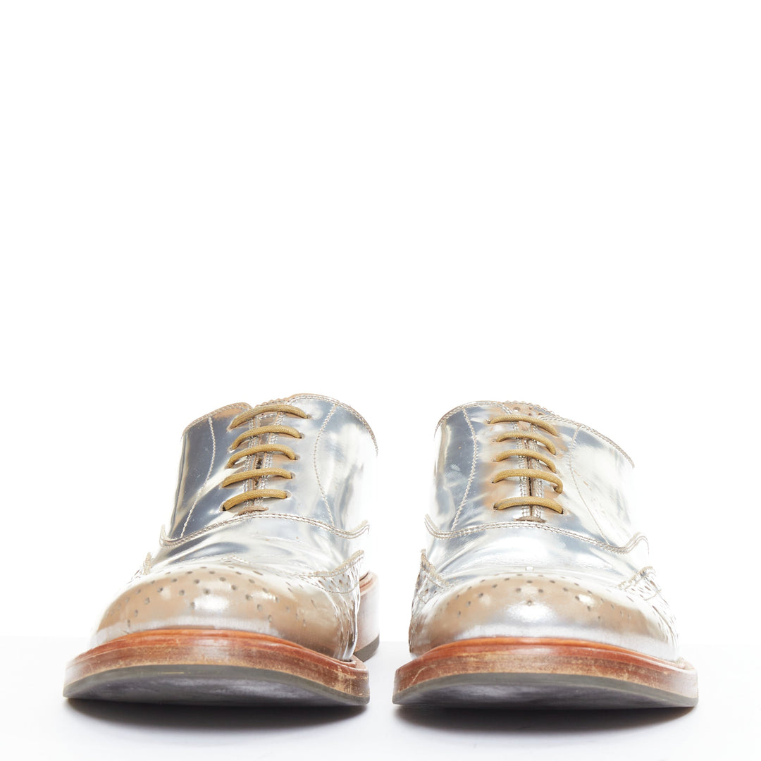 ALEXANDER MCQUEEN distressed silver leather perforated wingtip brogue shoes EU43