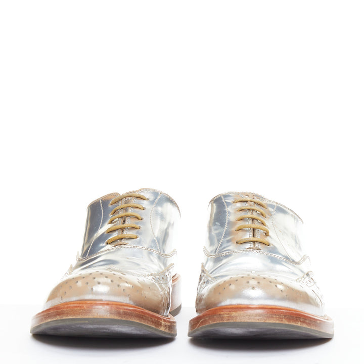ALEXANDER MCQUEEN distressed silver leather perforated wingtip brogue shoes EU43