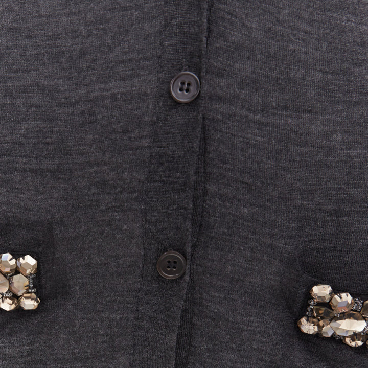 VERA WANG grey wool black tulle lined crystal embellished cardigan sweater