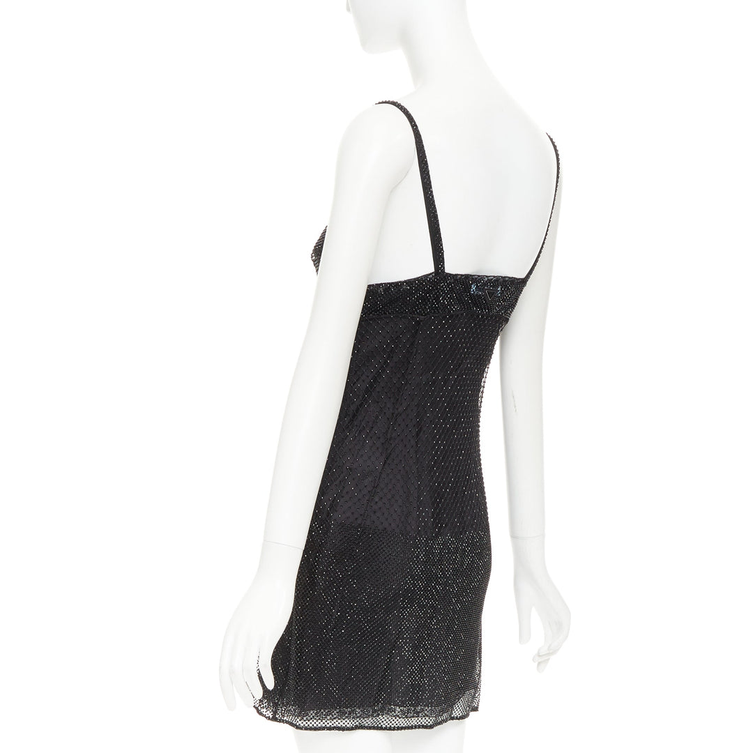 PRADA 2022 black rhinestone crystal degrade embellished mini slip dress IT40 S
