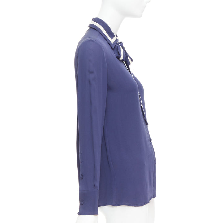 VALENTINO 100% silk navy cream trim tie neck blouse shirt US4 S