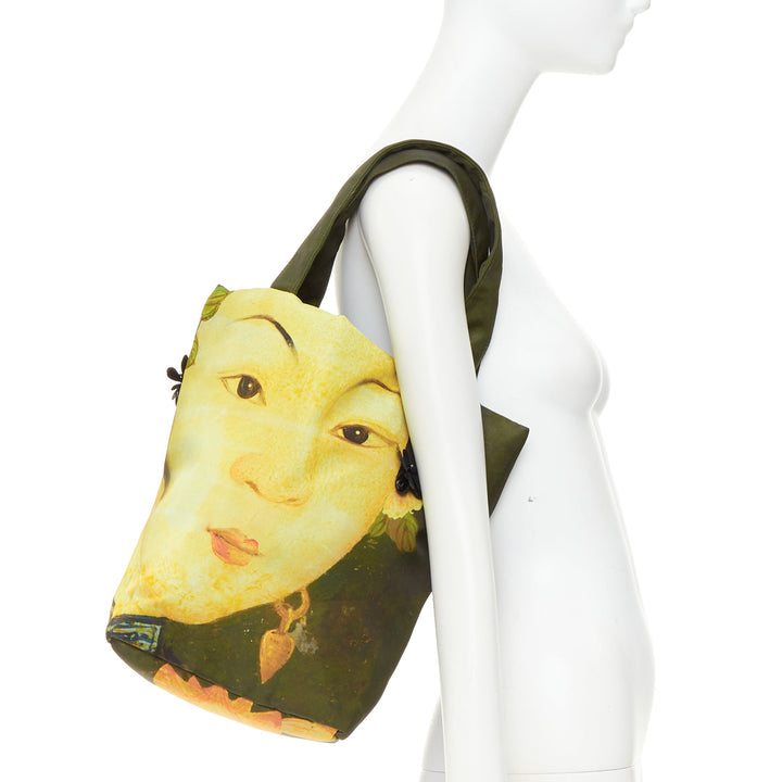 rare SIMONE ROCHA Ming Dynasty Maiden print embellished green nylon tote bag