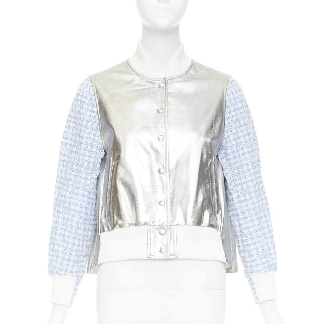 SACAI LUCK blue check embroidery anglais silver flared varsity jacket JP1 S