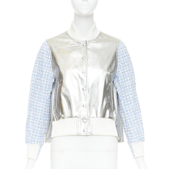 SACAI LUCK blue check embroidery anglais silver flared varsity jacket JP1 S