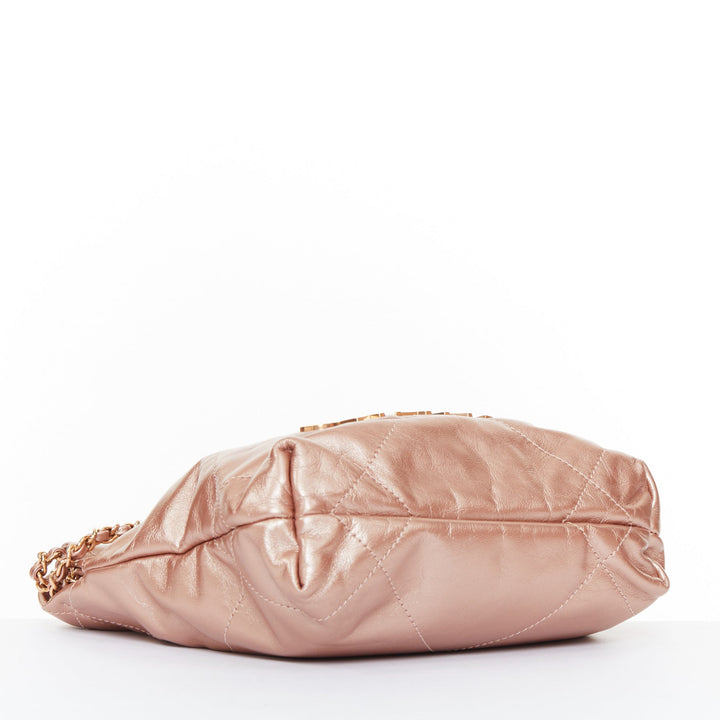 CHANEL 2023 Runway 22 Mini rose gold metallic calfskin leather drawstring bag
