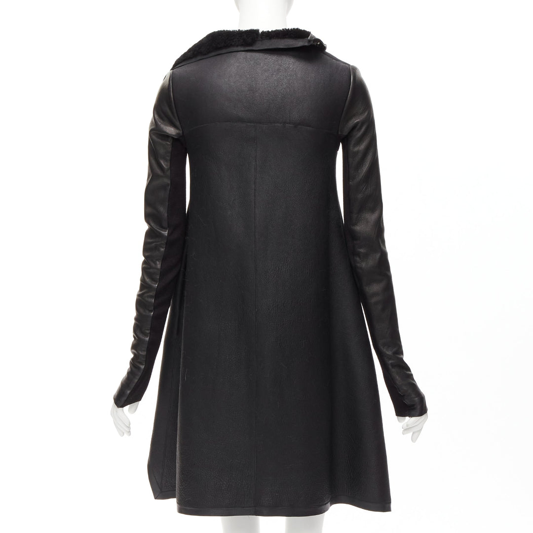 RICK OWENS black lamb leather shearling lined asymmetric coat IT38 XS
