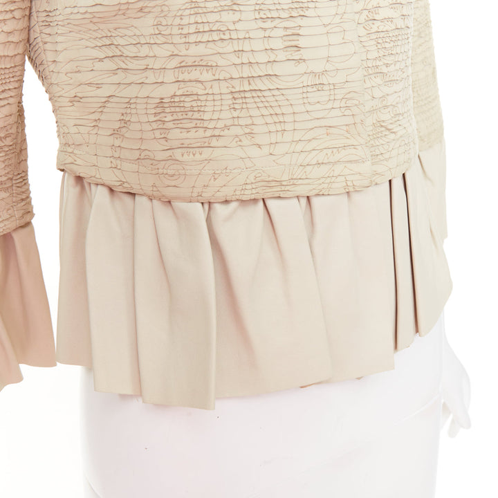 VALENTINO beige lambskin leather floral tiered laser cut ruffle jacket IT40 S