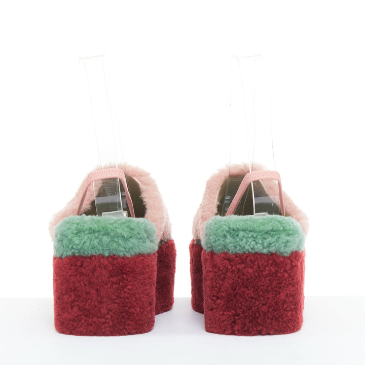 FENDI colorblock pink red green genuine shearling platform slingback mules EU36