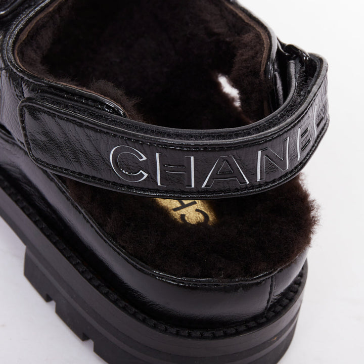 CHANEL 2023 black laminated lambskin shearling crystal CC dad sandals EU37