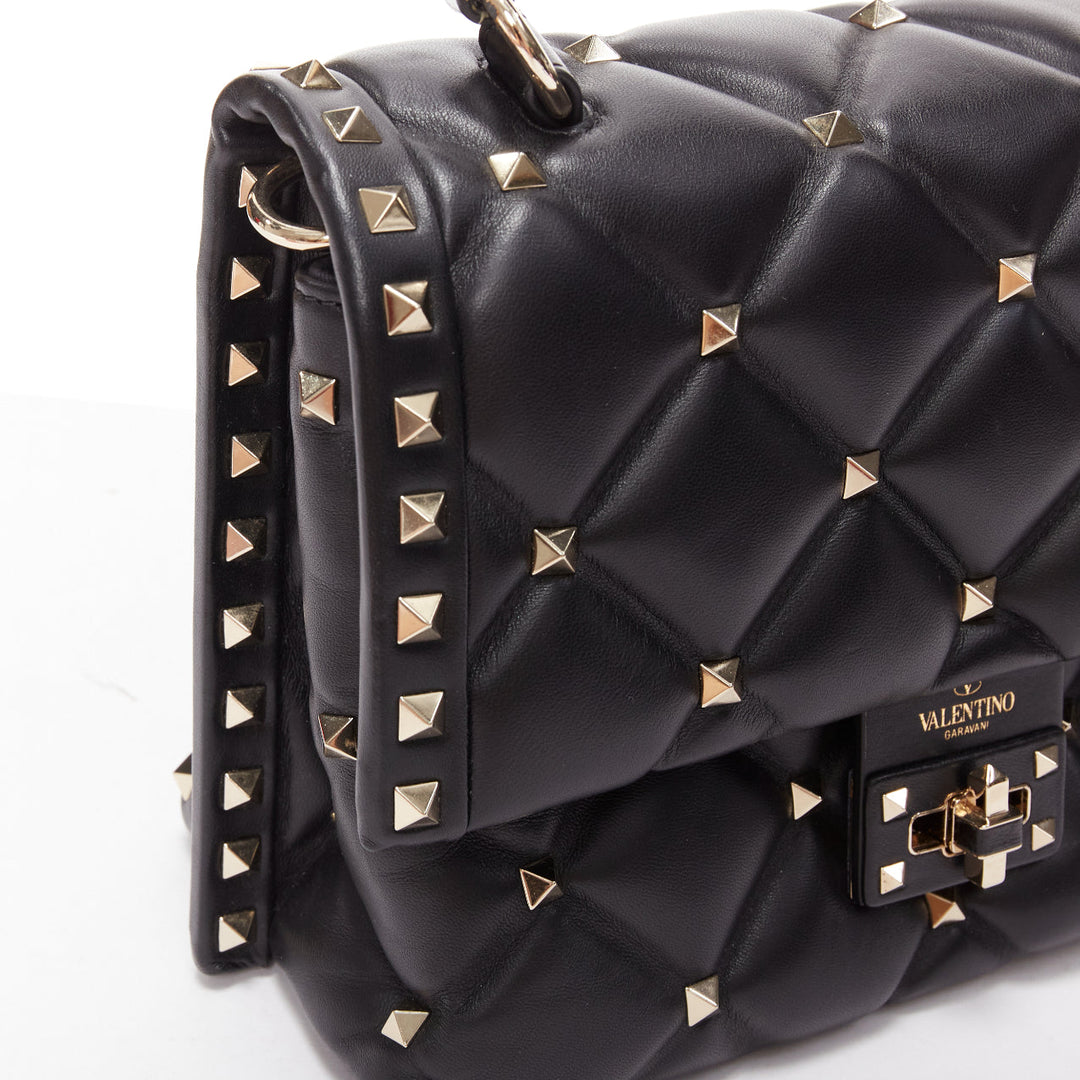VALENTINO Candystud black nappa lambskin gold studded turnlock 2 way satchel bag